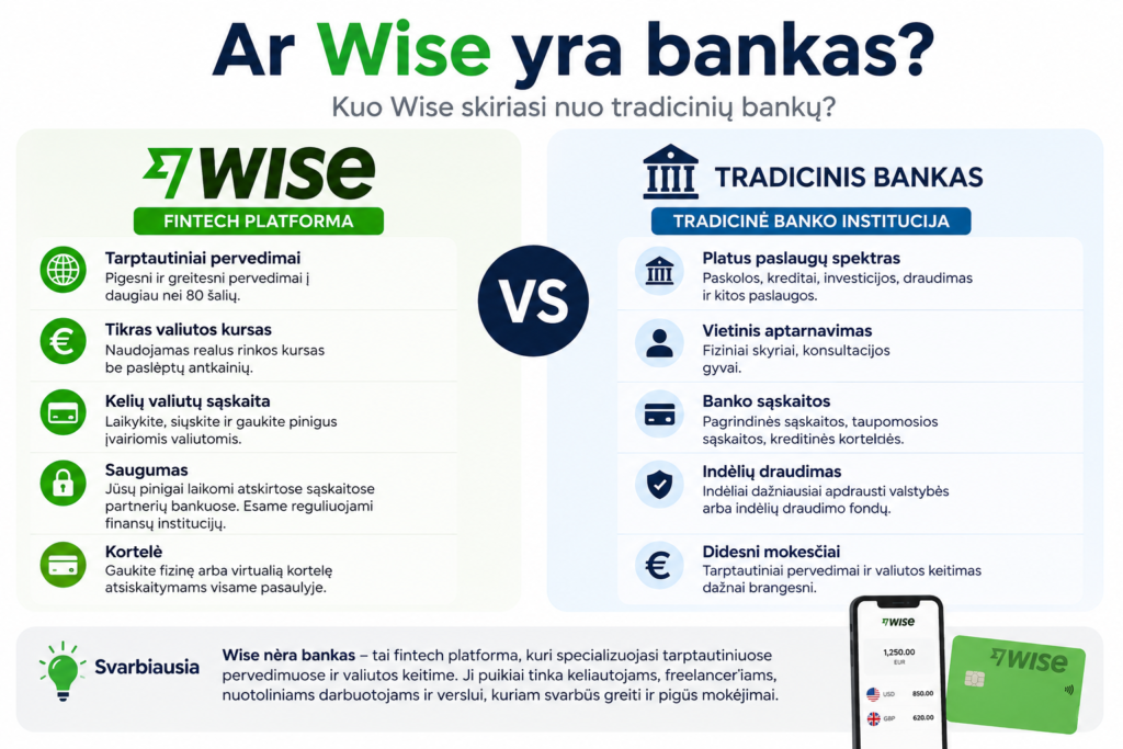 Ar „Wise“ yra bankas? Kuo „Wise“ skiriasi nuo tradicinių bankų