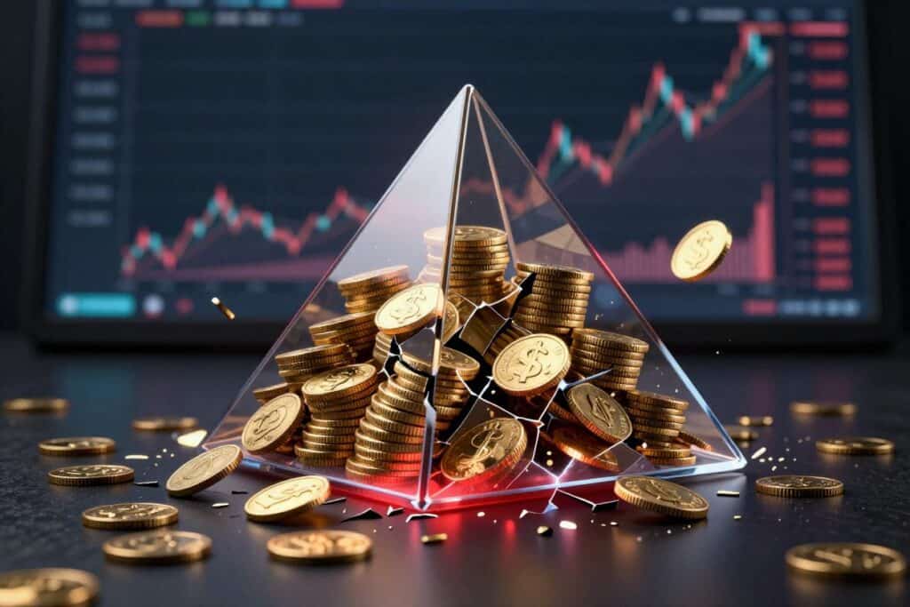 Investicijų grafikas su aukso monetomis ir piramidės modeliu.