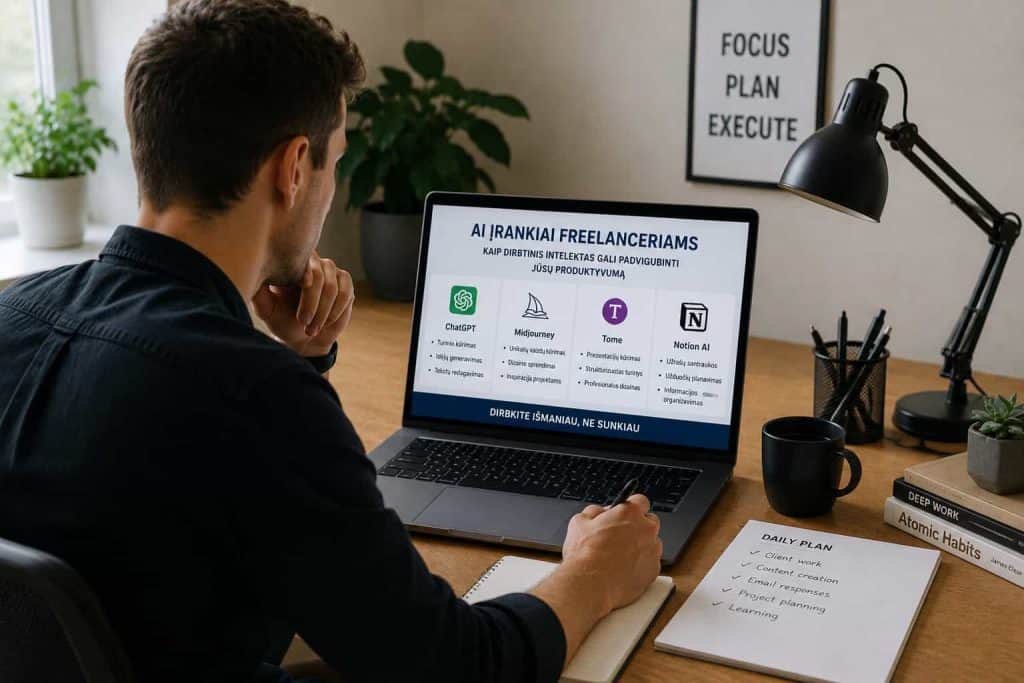 Freelanceris dirba prie kompiuterio su AI įrankiais, skirtais produktyvumui didinti.