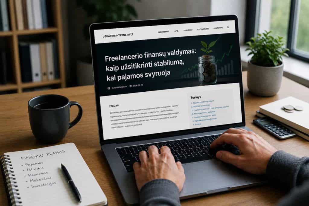 Nešiojamas kompiuteris su finansų valdymo svetaine ekrane.