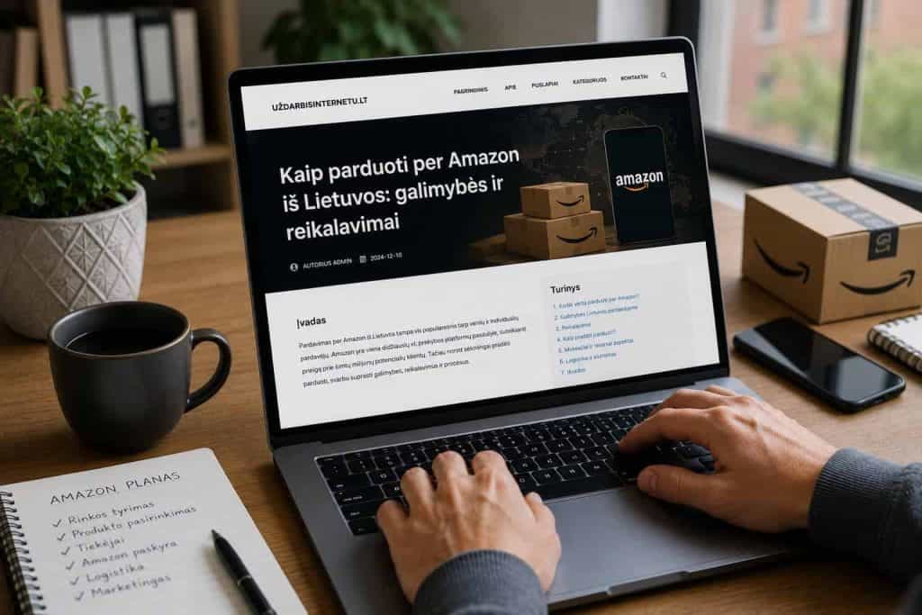 Asmeninis kompiuteris su atidaryta E-Darbas.LT svetaine, skirta Amazon pardavimui Lietuvoje.