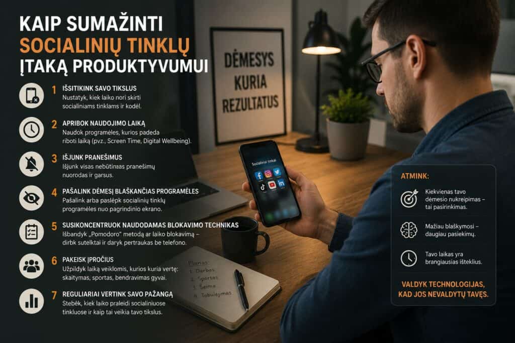 Kaip sumažinti socialinių tinklų įtaką produktyvumui