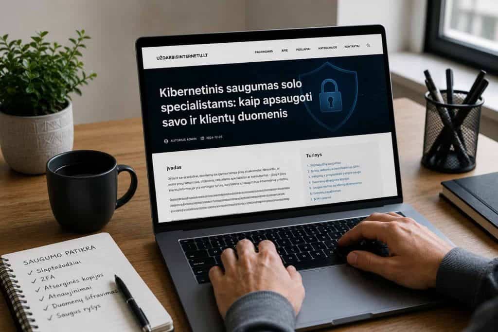 Asmeninis kompiuteris su kibernetinio saugumo straipsniu ekrane.
