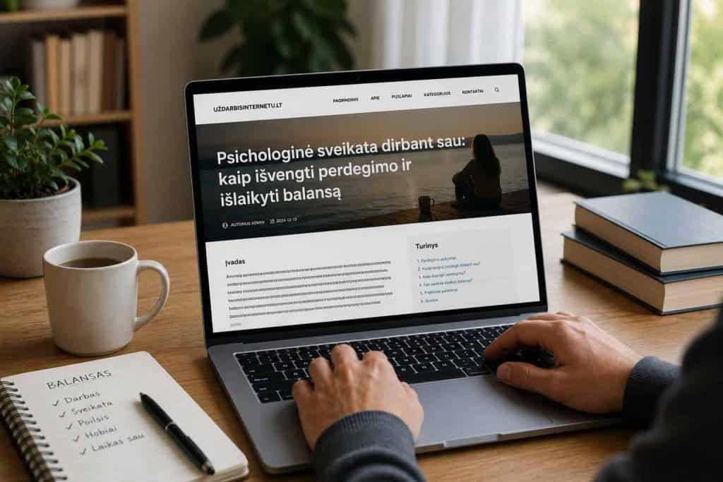 Asmeninis psichologijos tinklalapis su nuotrauka ir tekstu apie perdegimo prevenciją.